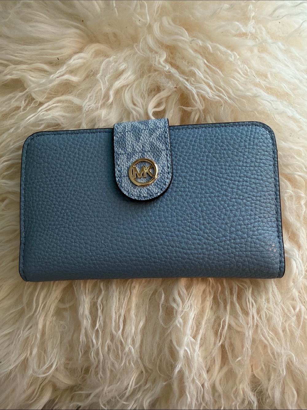 Michael Kors Slate Blue Pebbled Leather Continental Wallet with MK Snap